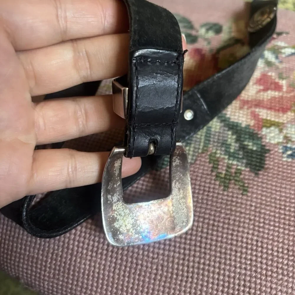 Vtg Concho Black Leather Belt Embossed Western Silver Buckle 32 Grunge Cowgirl